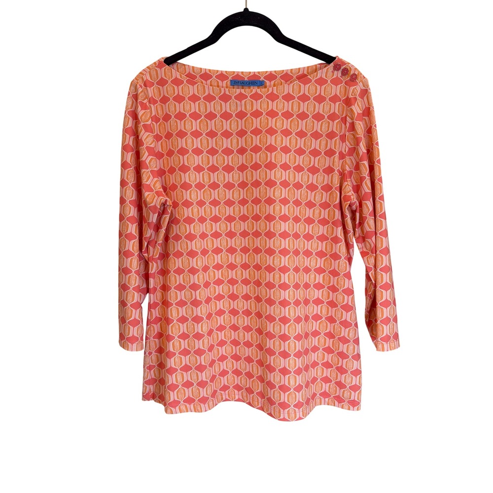 J.McLaughlin‎ Women Orange Pink Geometric Boat Neck Button Shoulder Top Large